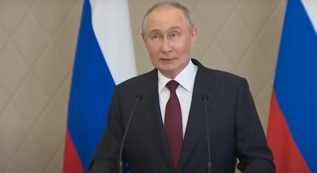 Vladimir Putin discussing Donald Trump and the Russia-Ukraine conflict at a press conference.